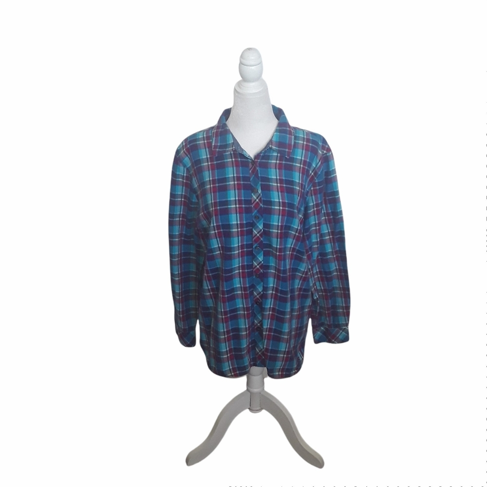 Talbots XL Petite Multi-Colored Plaid Button-Down Cotton Long-Sleeve Top